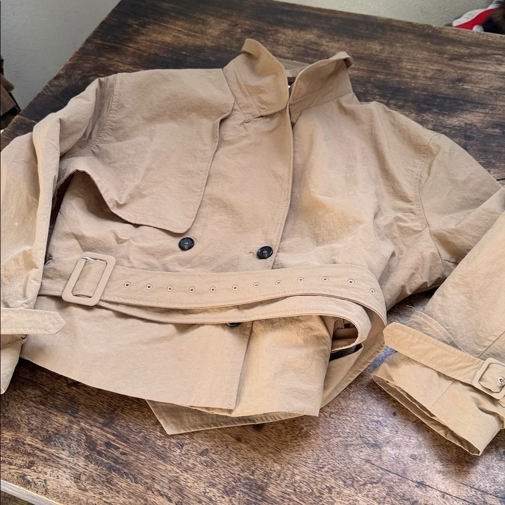 The perfect belted cropped nylon trench coat Tan Double-Breasted oversized